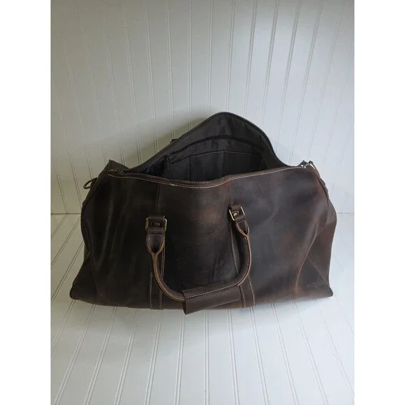 NEW LEATHFOCUS CHOCOLATE BROWN LEATHER TRAVEL DUFFLE BAG CARRY ON LUGGAGE-24inch - Picture 8 of 16